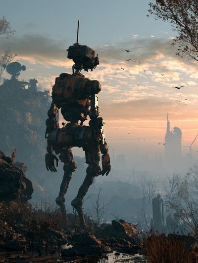 Mech at Sunrise Sci-Fi Poster. poster