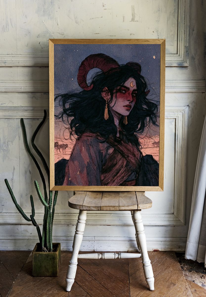 Horned Moon Woman Illustration Poster. — room view 1