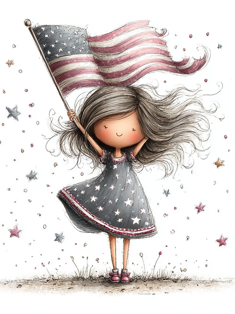 Little Girl with American Flag Illustration Poster. poster detail