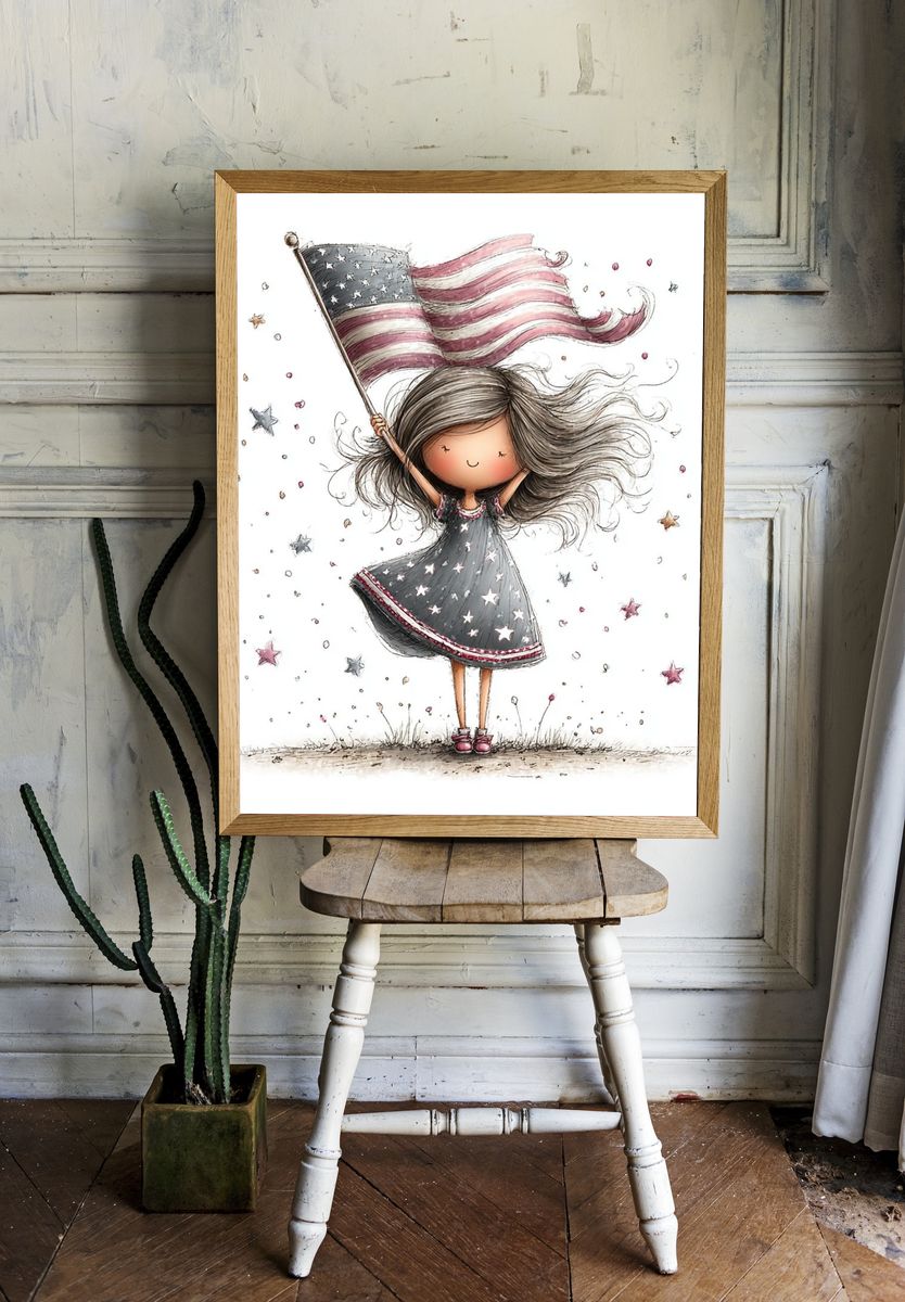 Little Girl with American Flag Illustration Poster. room preview
