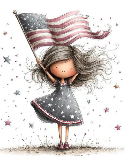 Little Girl with American Flag Illustration Poster. poster print