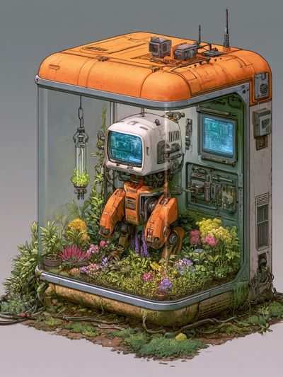 Robot Garden Habitat Illustration Print. poster