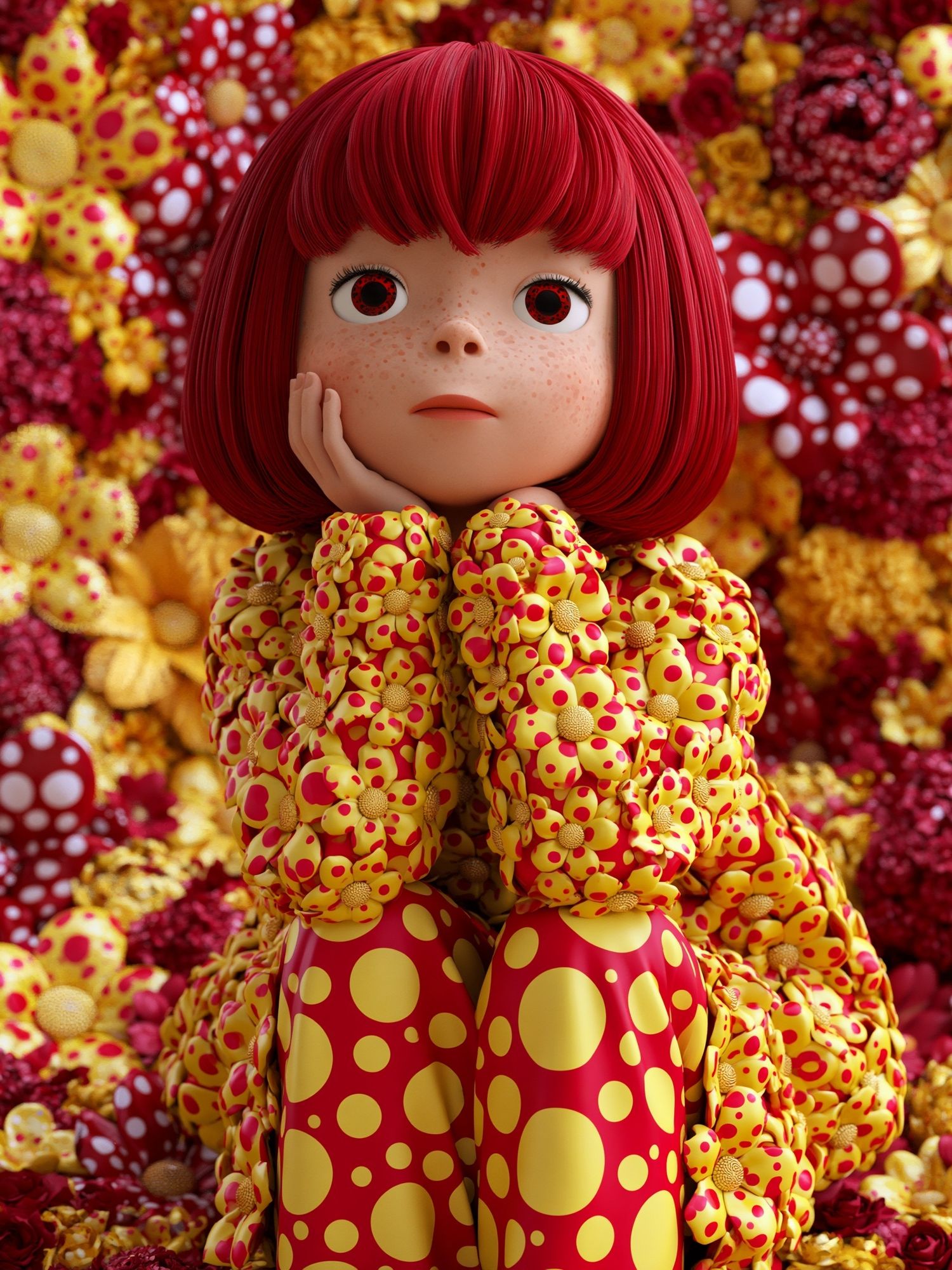 Red-Haired Doll Floral Fantasy Print. poster — illustration art