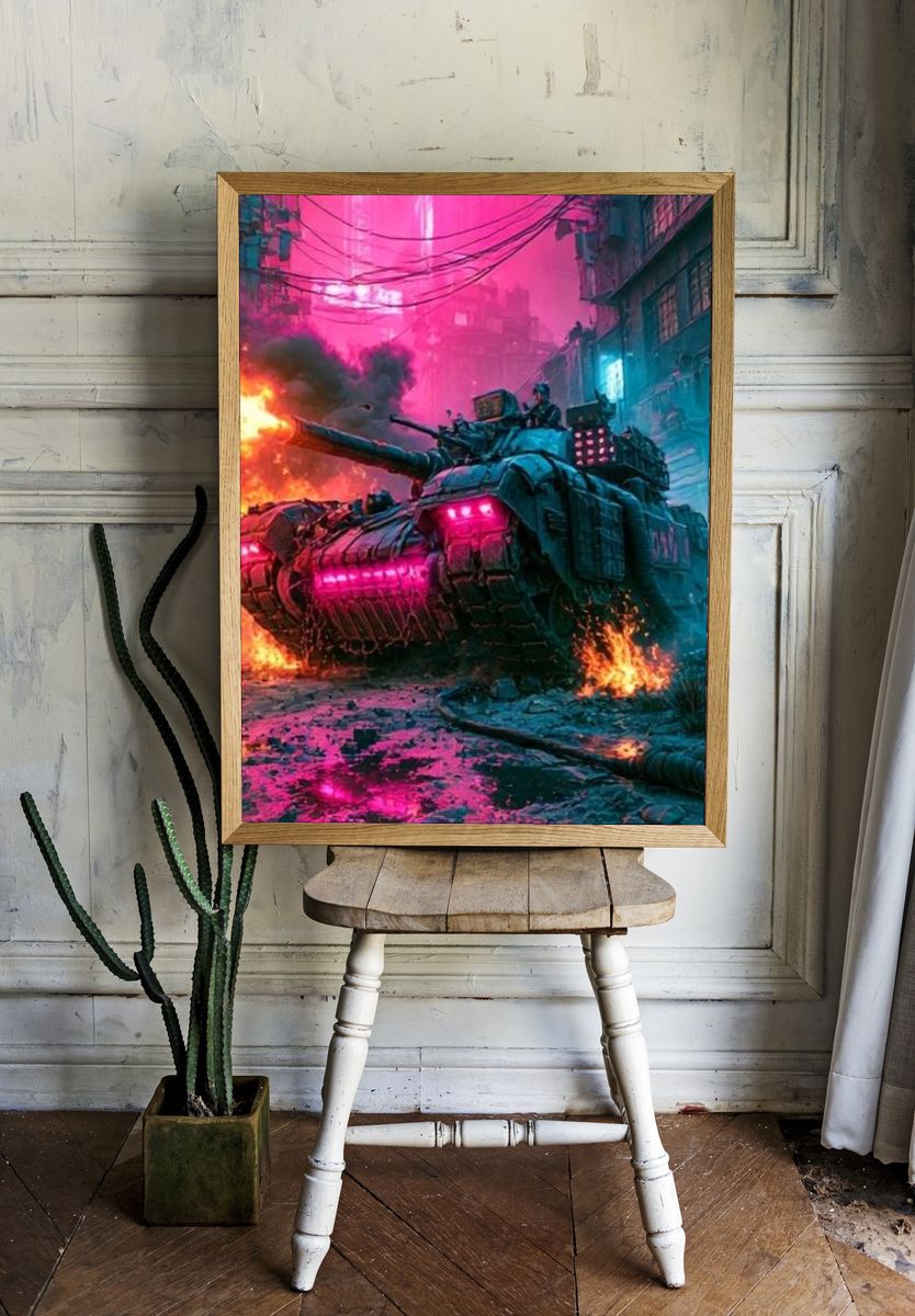 Neon Tank Battle Illustration Poster. — room view 1