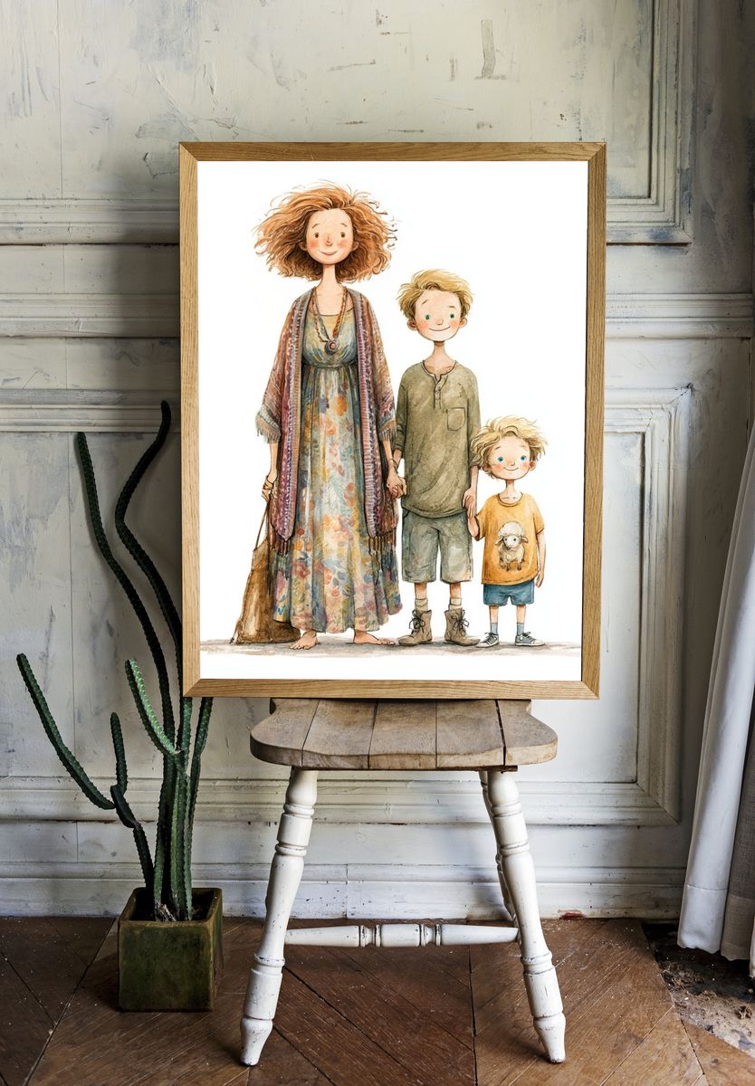 Whimsical Family Watercolor Print. room preview