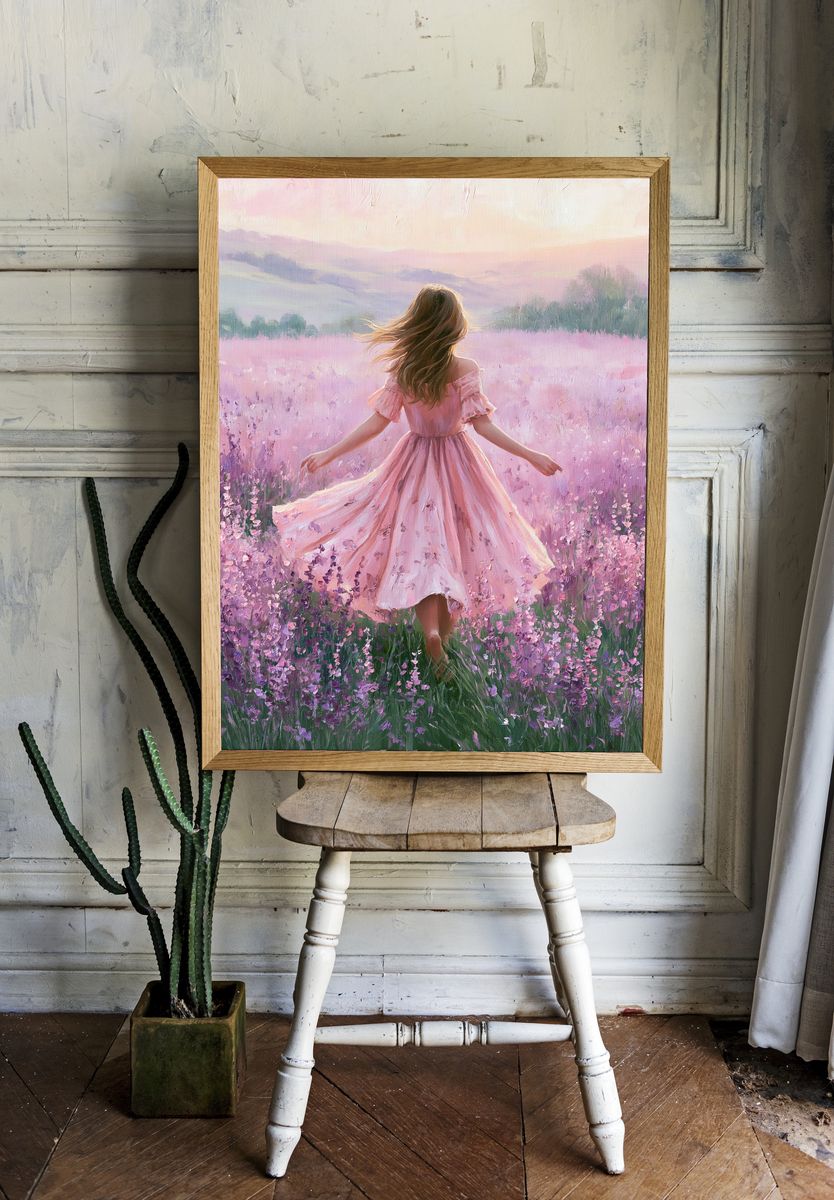 Girl in Lavender Field Illustration Poster. room preview