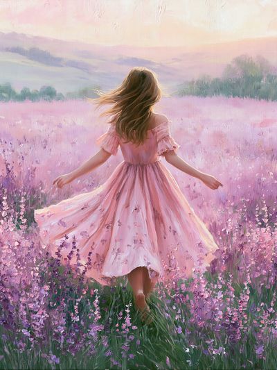 Girl in Lavender Field Illustration Poster.