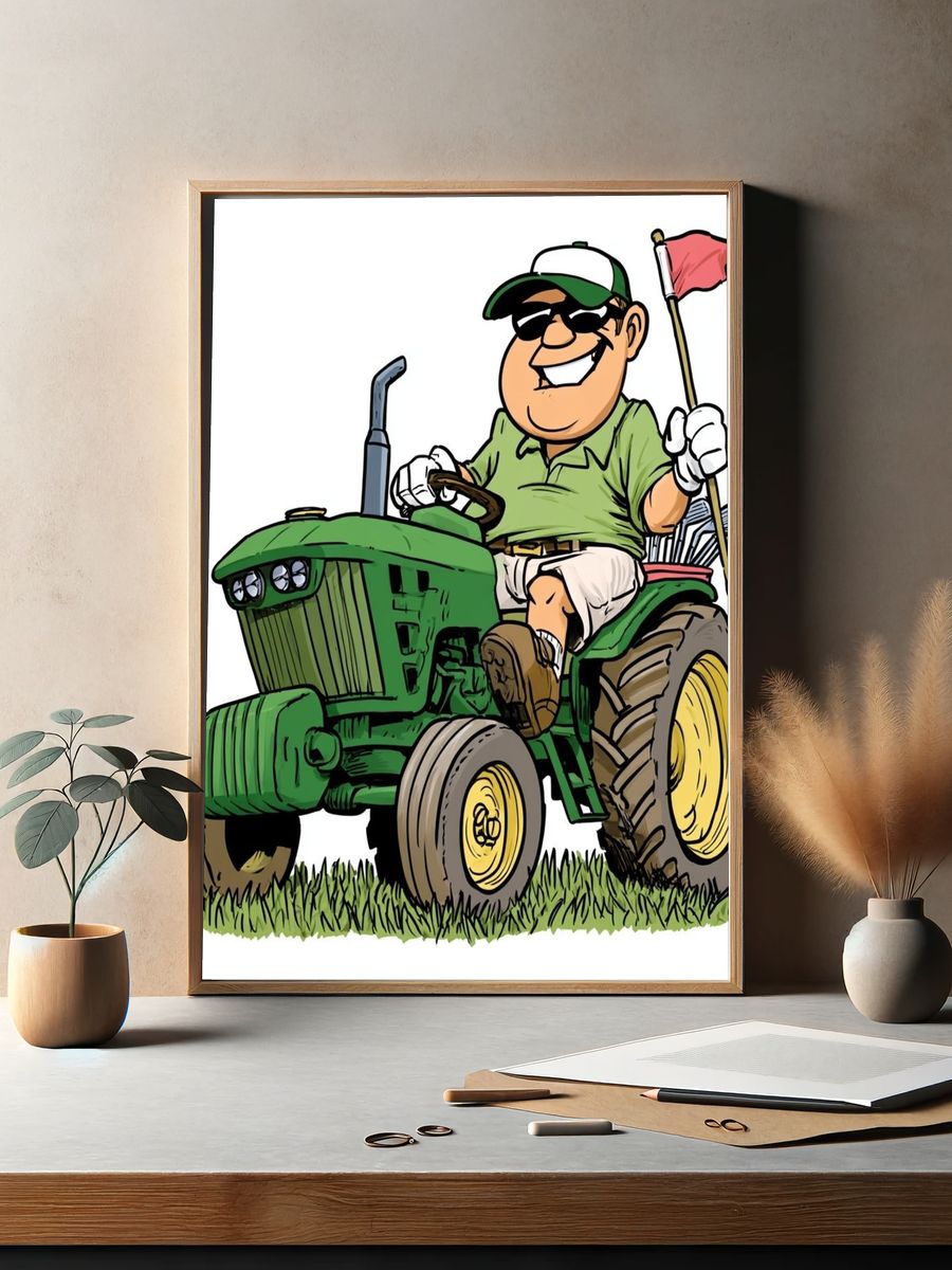 Cartoon Golf Tractor Illustration Poster. — room view 2