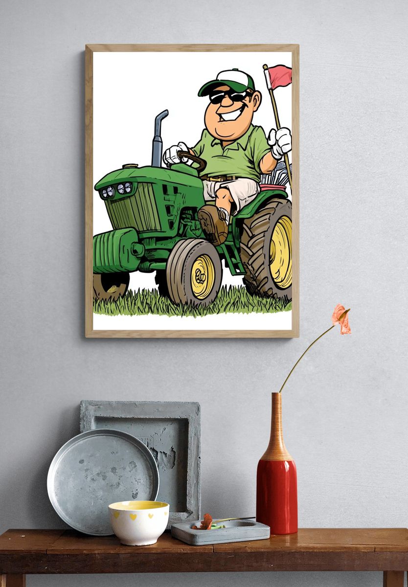 Cartoon Golf Tractor Illustration Poster. — room view 3
