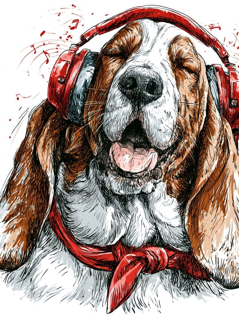 Headphone Basset Hound Illustration Poster. poster — illustration art