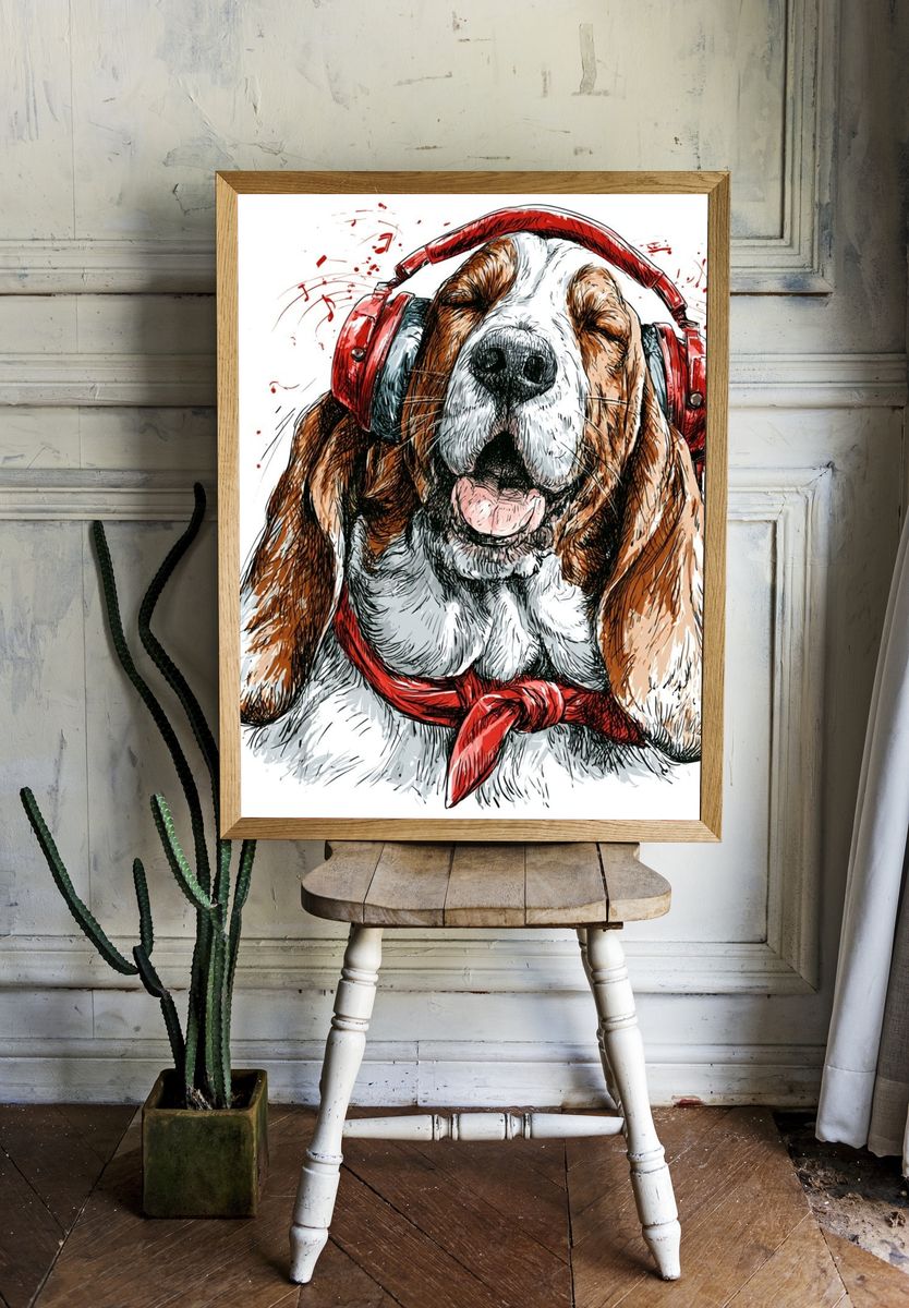 Headphone Basset Hound Illustration Poster. room preview