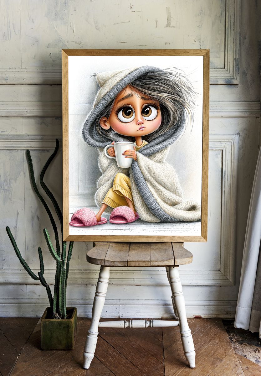 Cozy Girl with Mug Illustration Poster. room preview