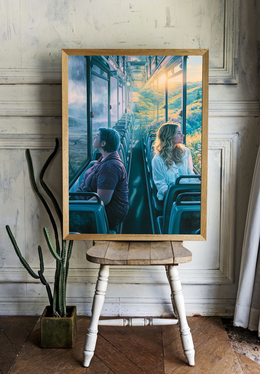 Sunlit Train Journey Illustration Poster. room preview