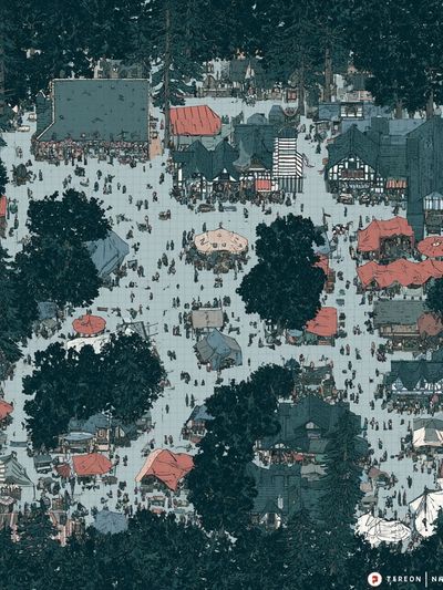 Forest Village Market Illustration Poster. poster