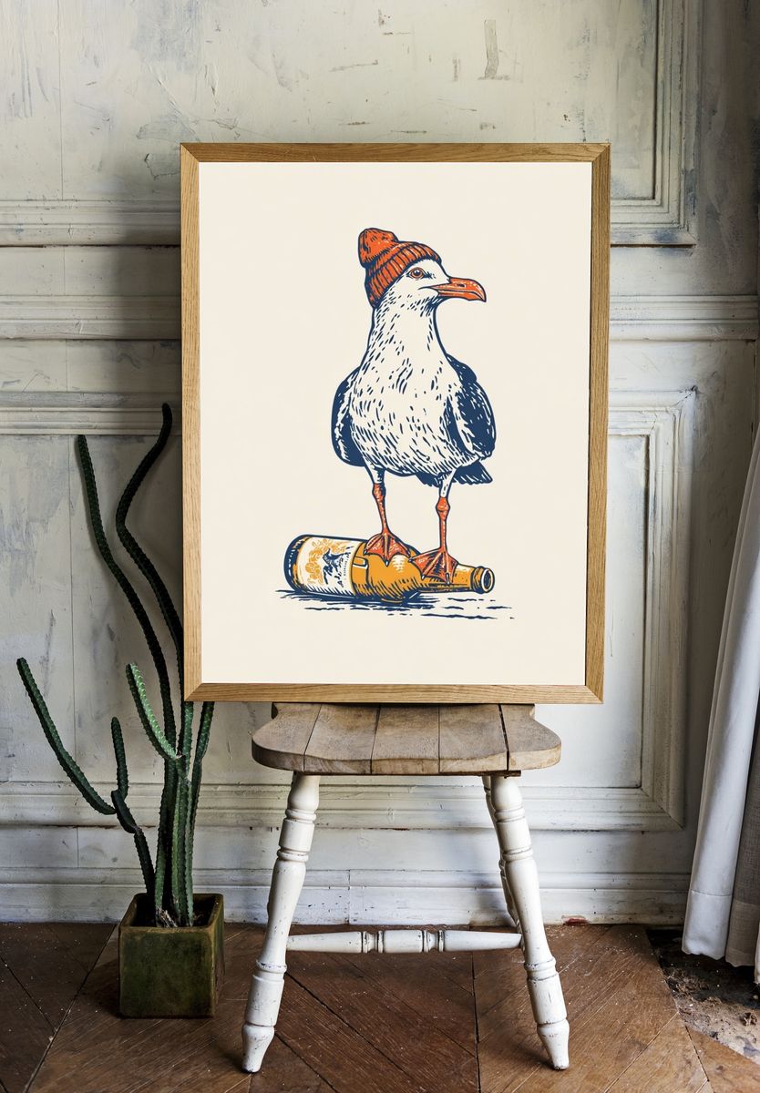 Seagull on Bottle Illustration Poster. — room view 1