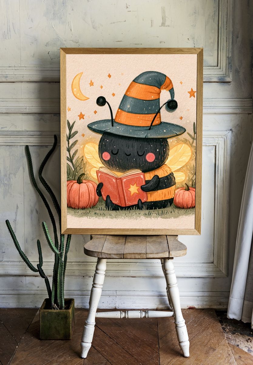 Cute Witch Bee Watercolor Poster. — room view 1