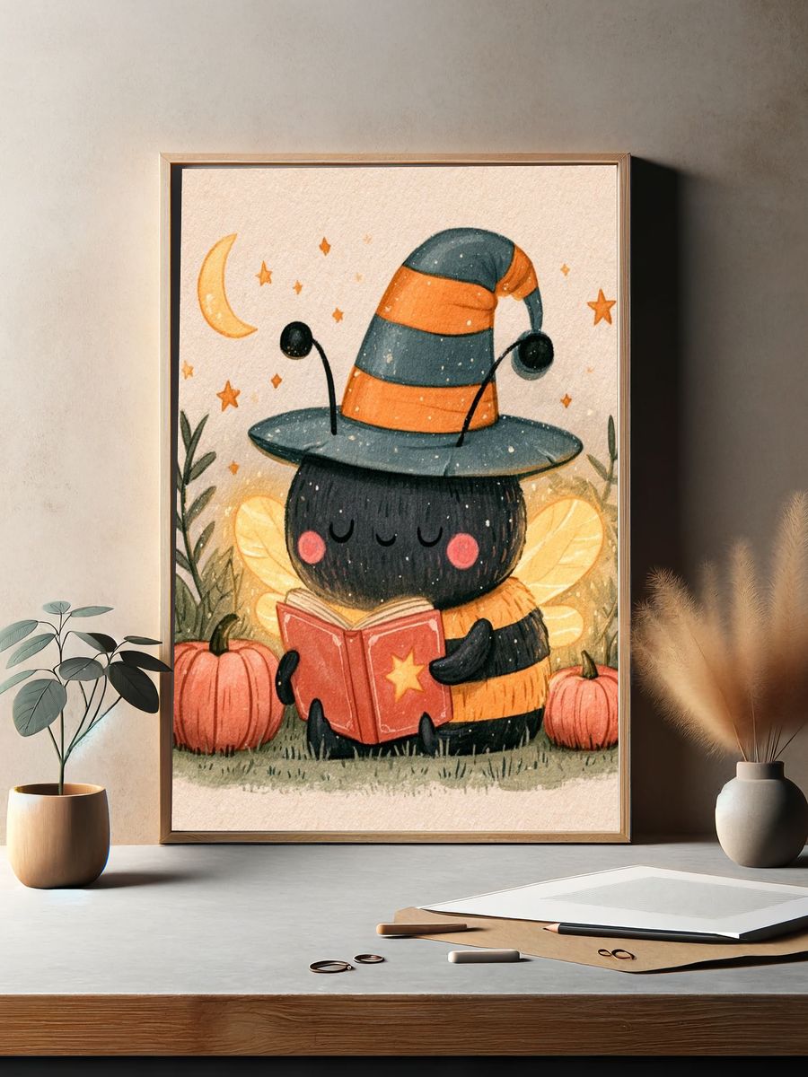 Cute Witch Bee Watercolor Poster. — room view 2