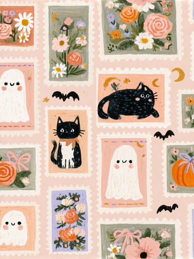 Halloween Cats and Ghosts Illustration Poster. poster detail