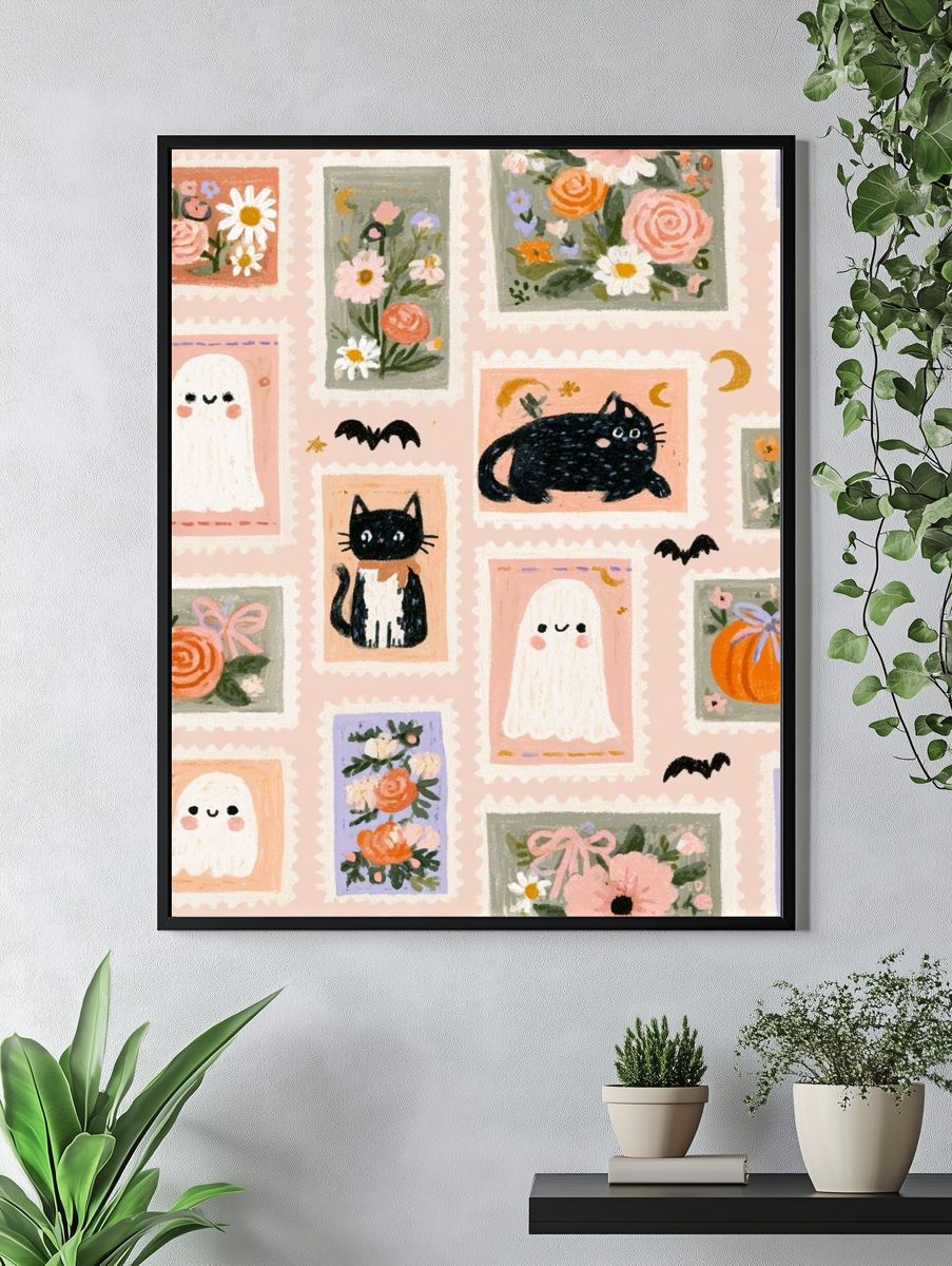 Halloween Cats and Ghosts Illustration Poster. — room view 4