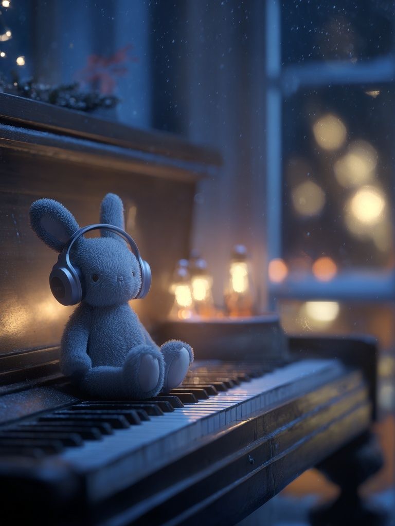 Teddy Bunny on Piano Illustration Print. poster — illustration art