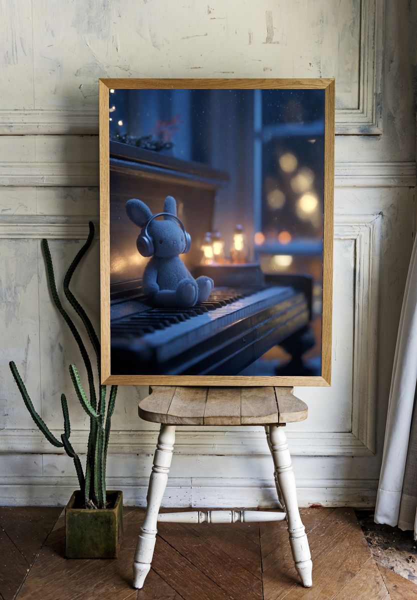 Teddy Bunny on Piano Illustration Print. — room view 1