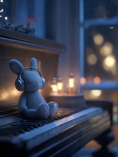 Teddy Bunny on Piano Illustration Print. poster print