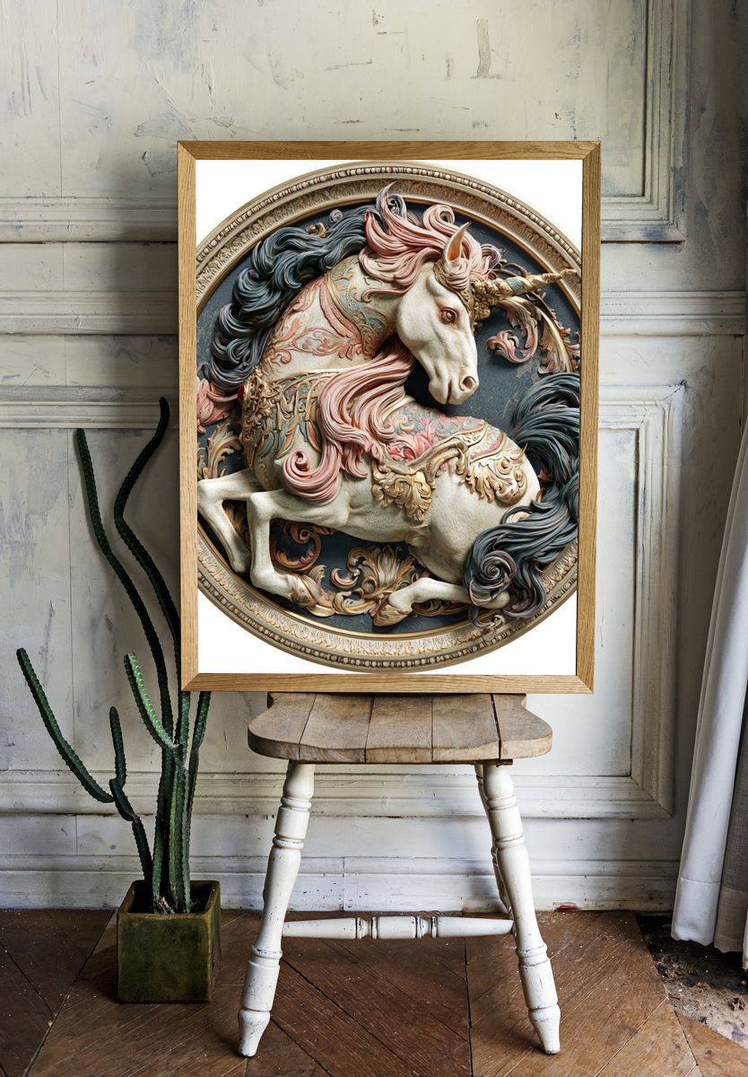 Ornate Unicorn Relief Poster. — room view 1