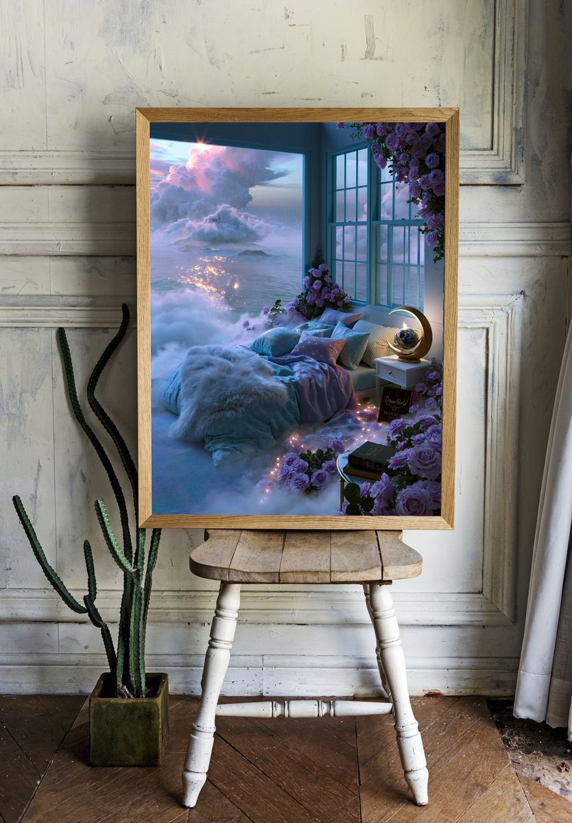 Dreamy Cloud Bedroom Illustration Print. room preview