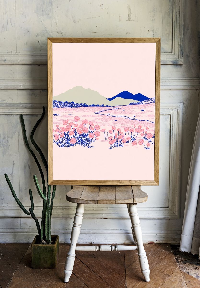 Pink Wildflower Landscape Illustration Poster. room preview