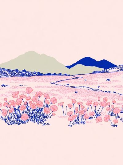 Pink Wildflower Landscape Illustration Poster. poster print