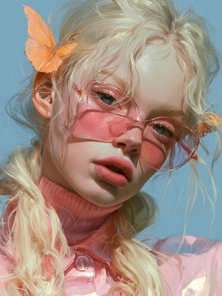 Pastel Butterfly Girl Portrait Print. poster — illustration art