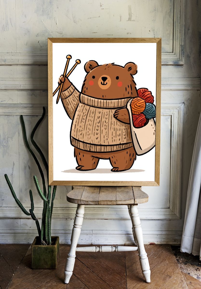Knitting Bear Illustration Poster. room preview