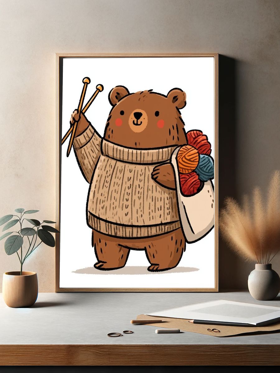 Knitting Bear Illustration Poster. — room view 2