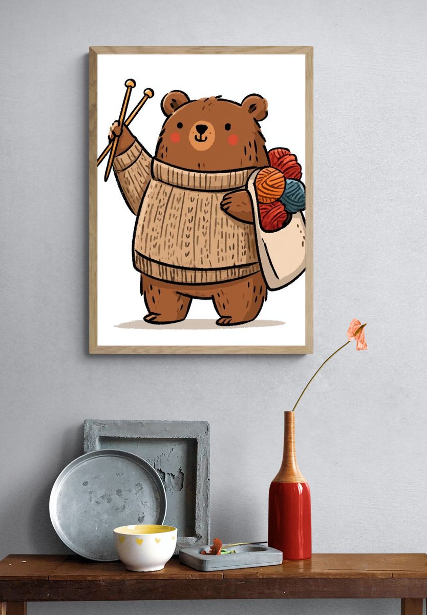 Knitting Bear Illustration Poster. — room view 3