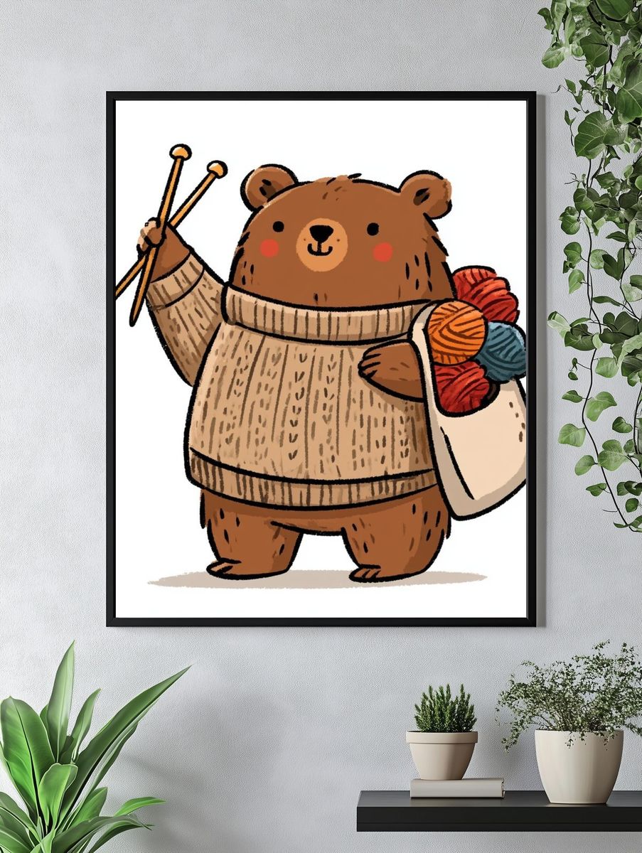 Knitting Bear Illustration Poster. — room view 4