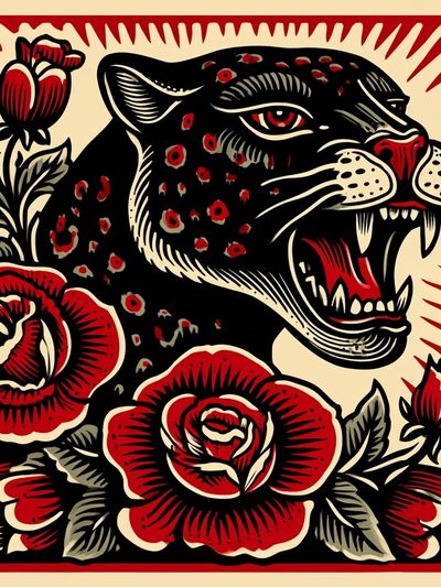 Roaring Panther Floral Print. poster print