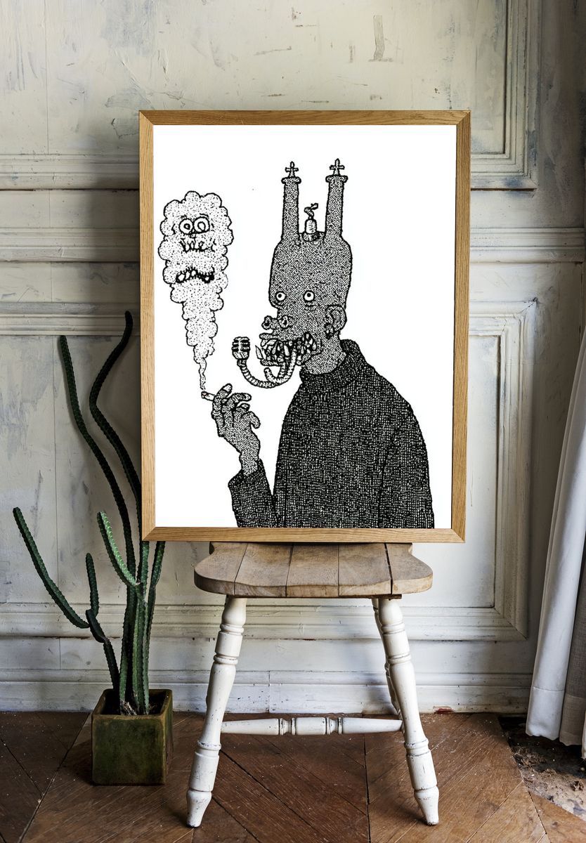 Surreal Smoking Figure Print. — room view 1