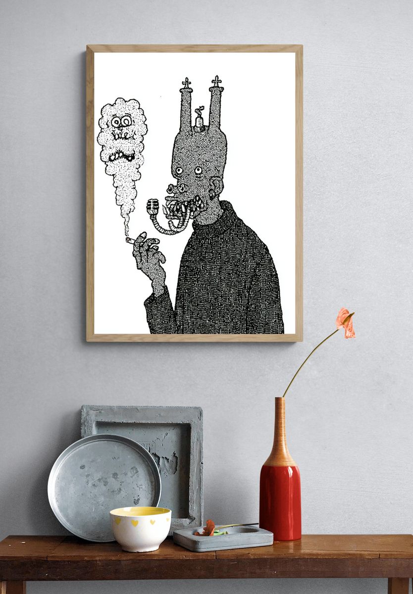 Surreal Smoking Figure Print. — room view 3