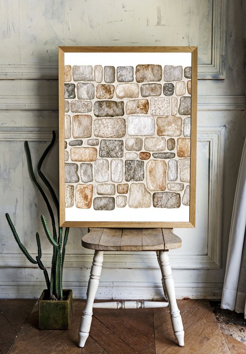Stone Wall Watercolor Print. room preview