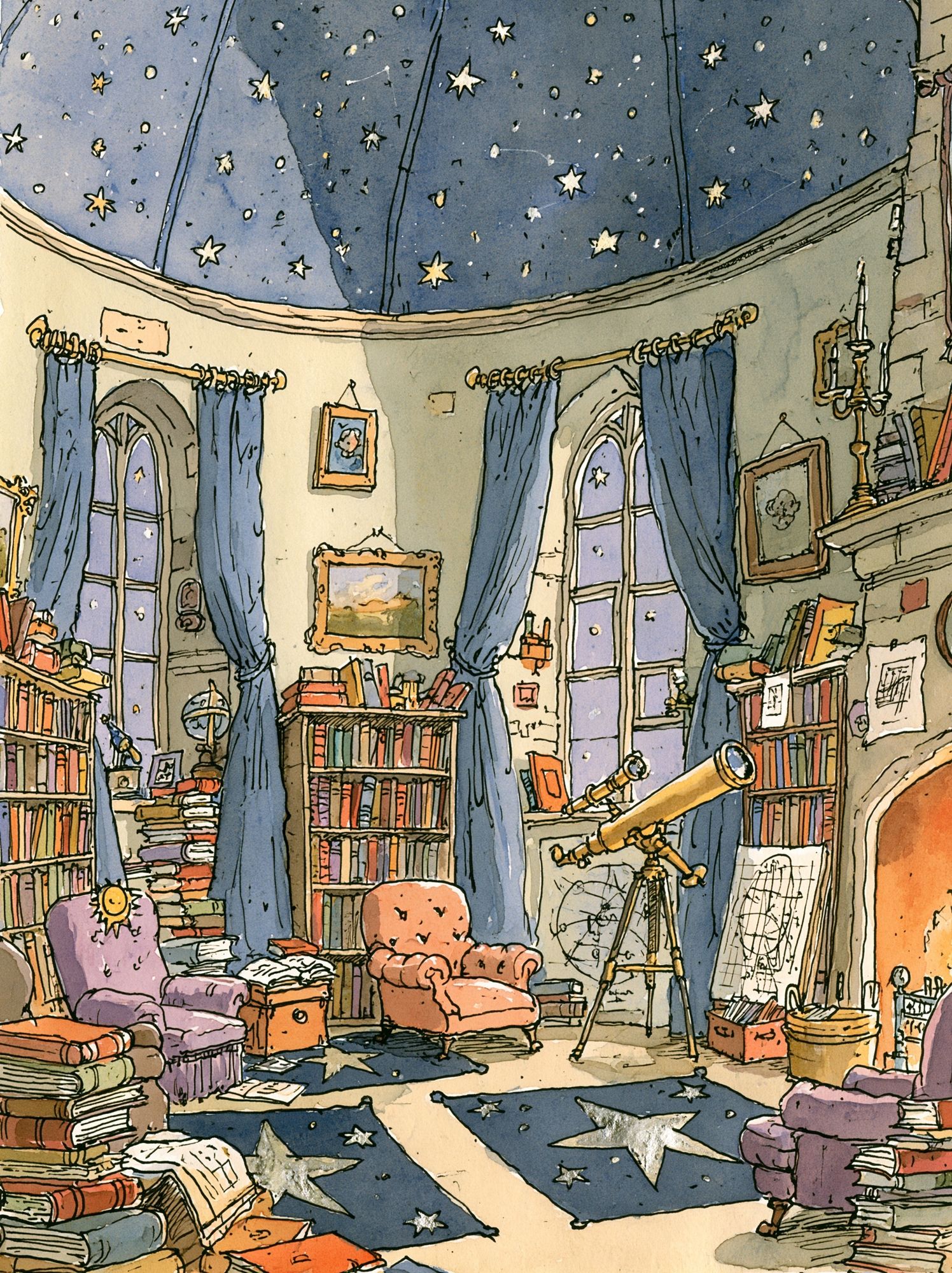 Starry Library Interior Illustration Poster. poster — illustration art