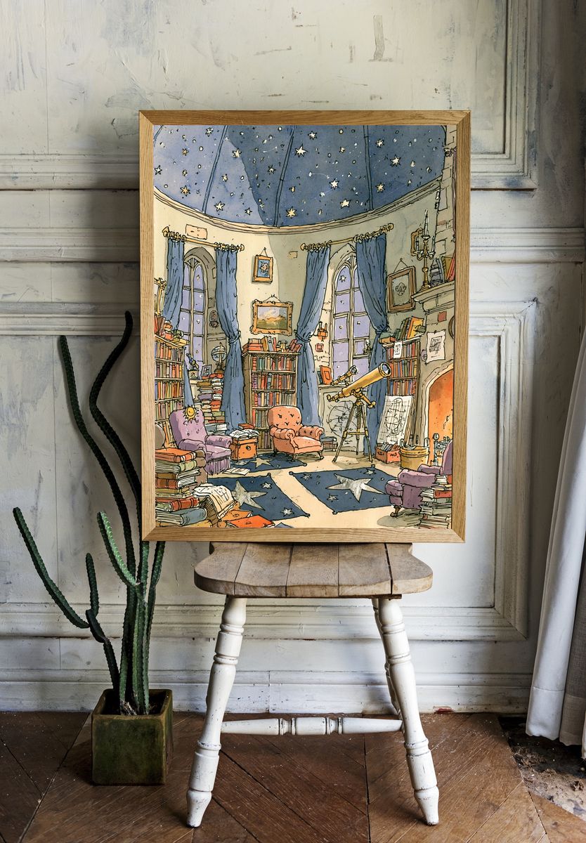 Starry Library Interior Illustration Poster. room preview