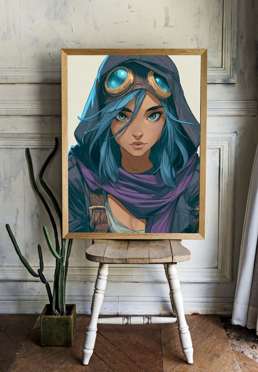 Blue-Haired Adventurer Illustration Poster. — room view 1