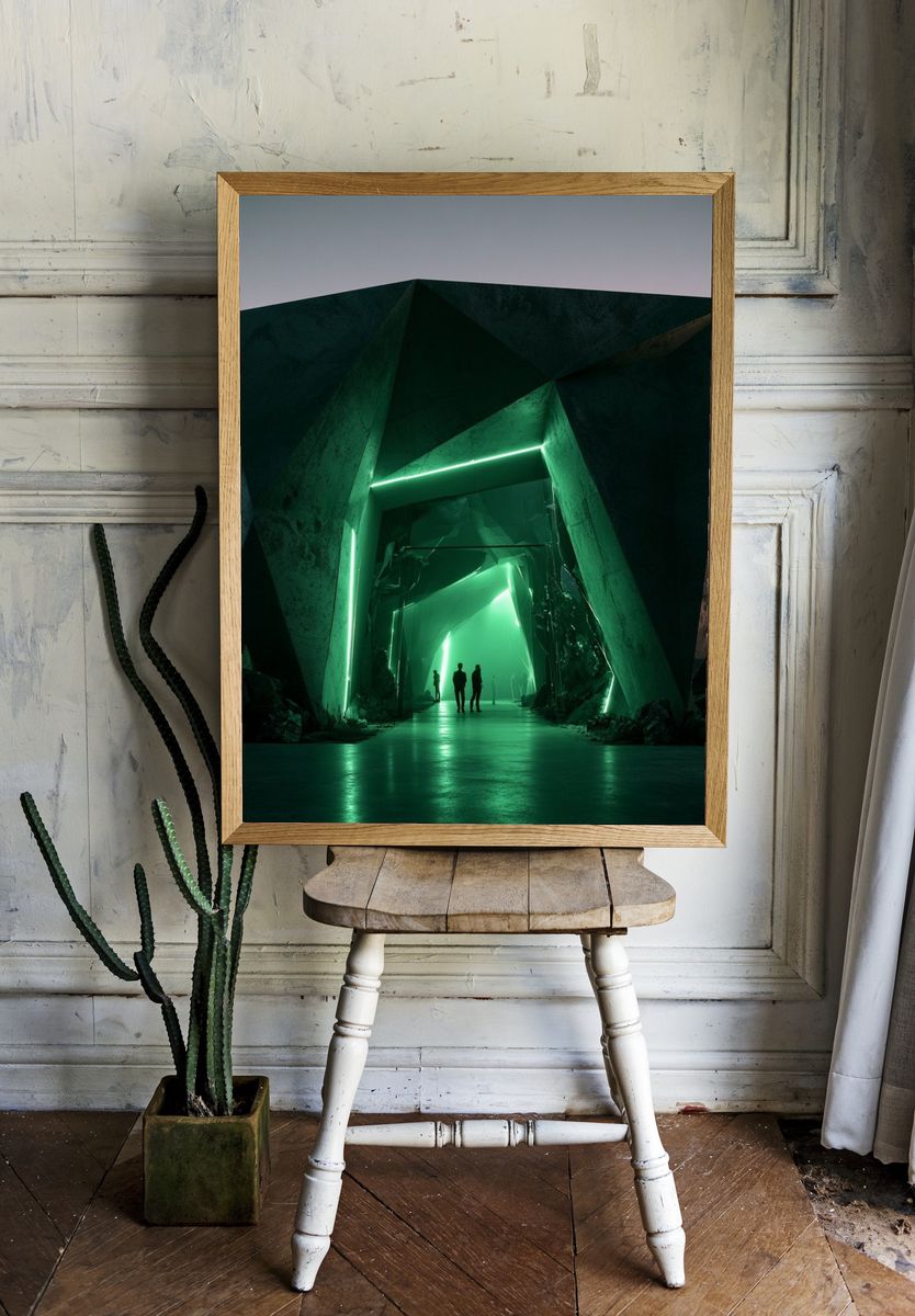 Neon Green Futuristic Tunnel Poster. — room view 1
