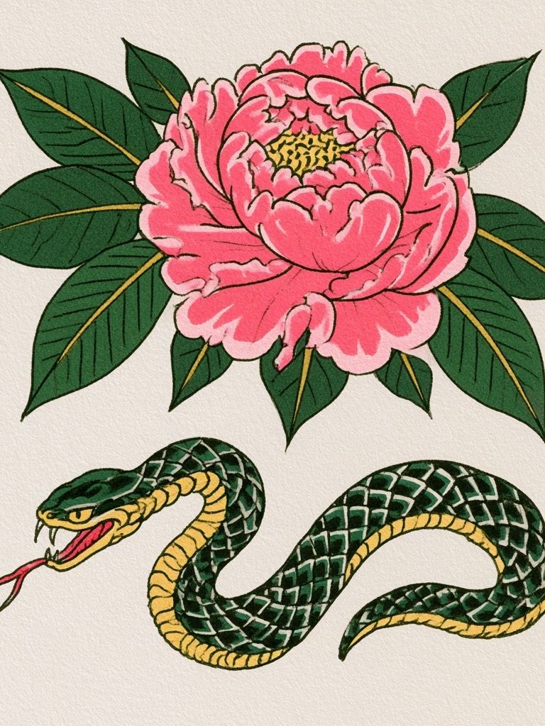 Snake and Peony Illustration Poster. poster — illustration art