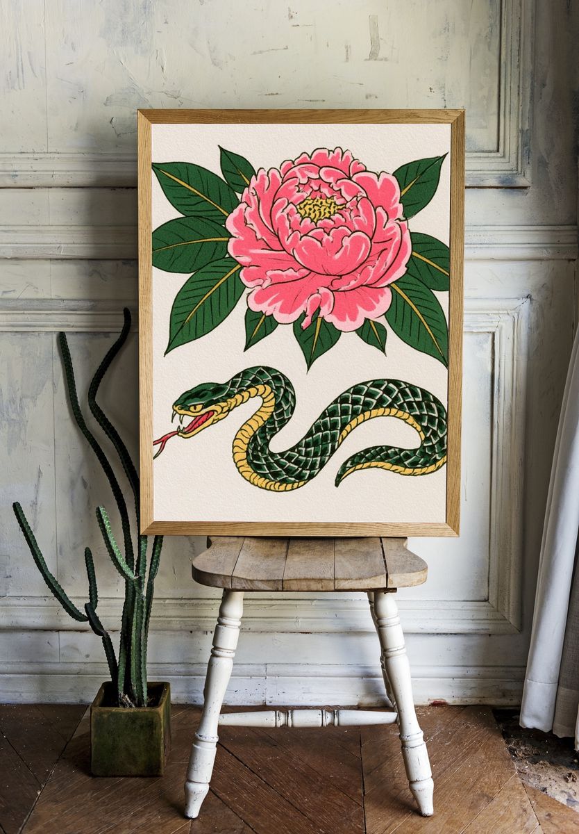 Snake and Peony Illustration Poster. room preview