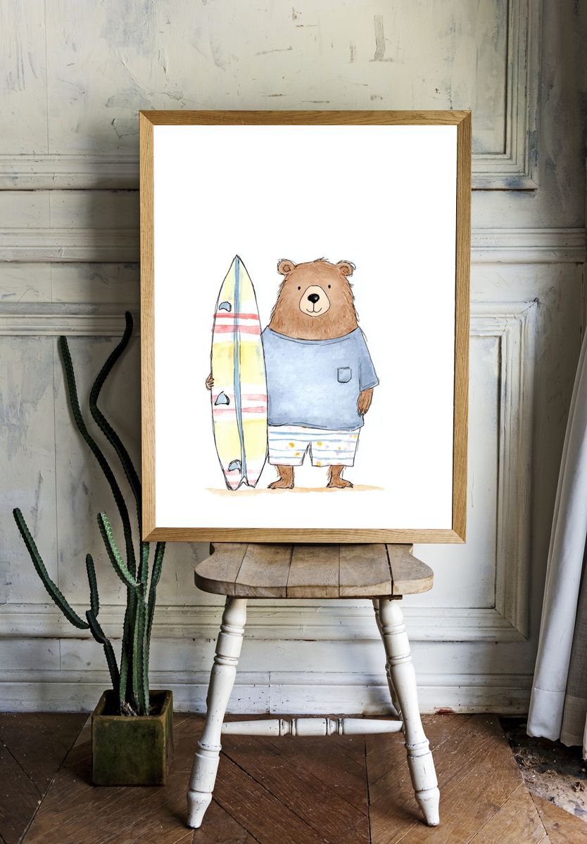 Surfing Bear Watercolor Print. — room view 1