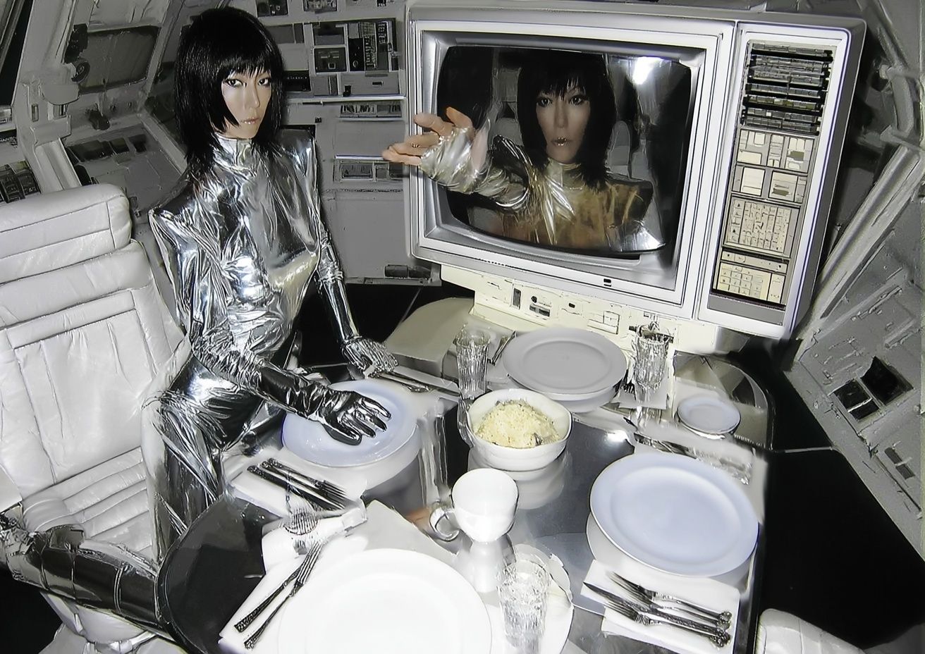 Futuristic Silver Dining Scene Poster. poster — illustration art