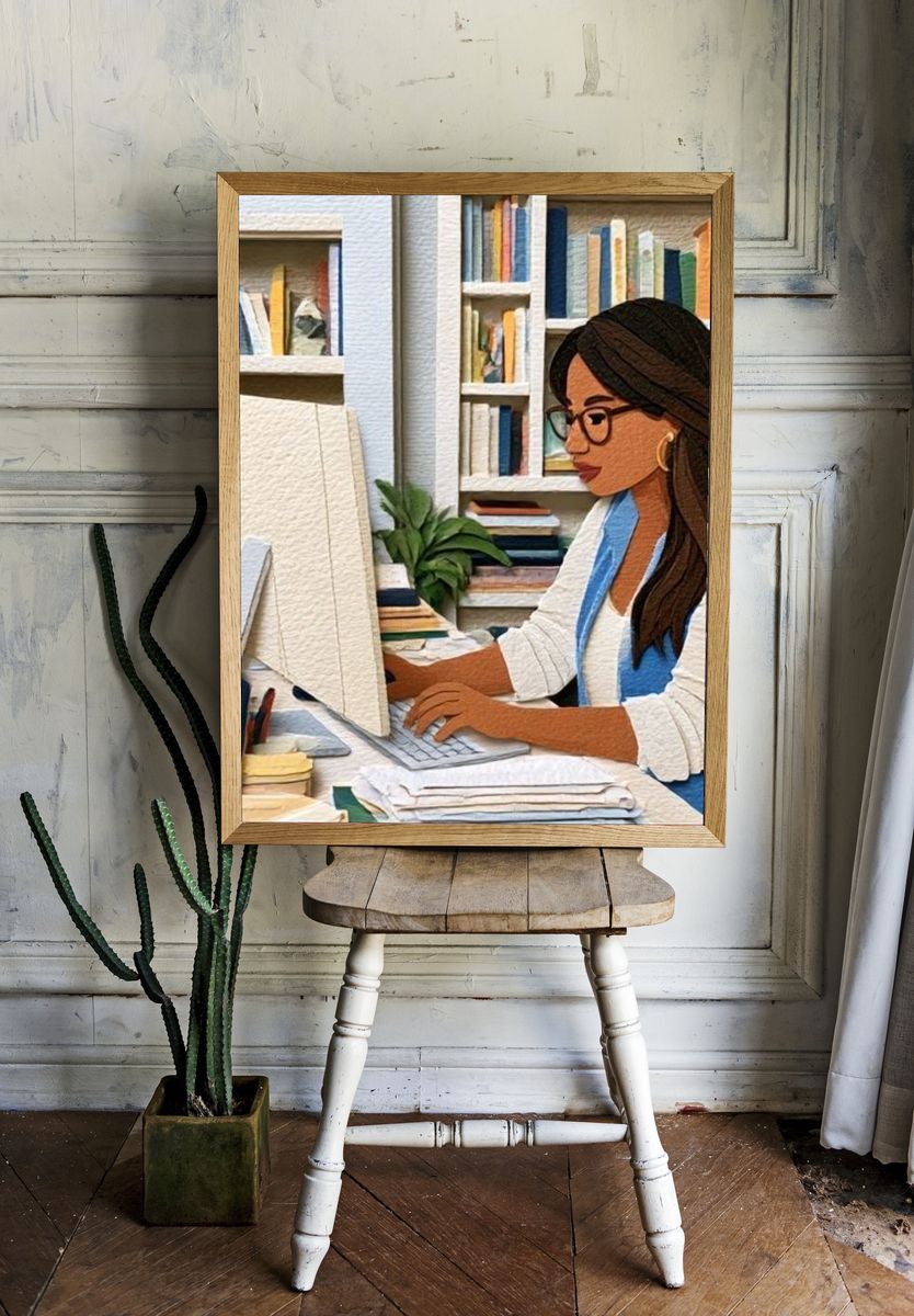Woman at Desk Illustration Poster. — room view 1