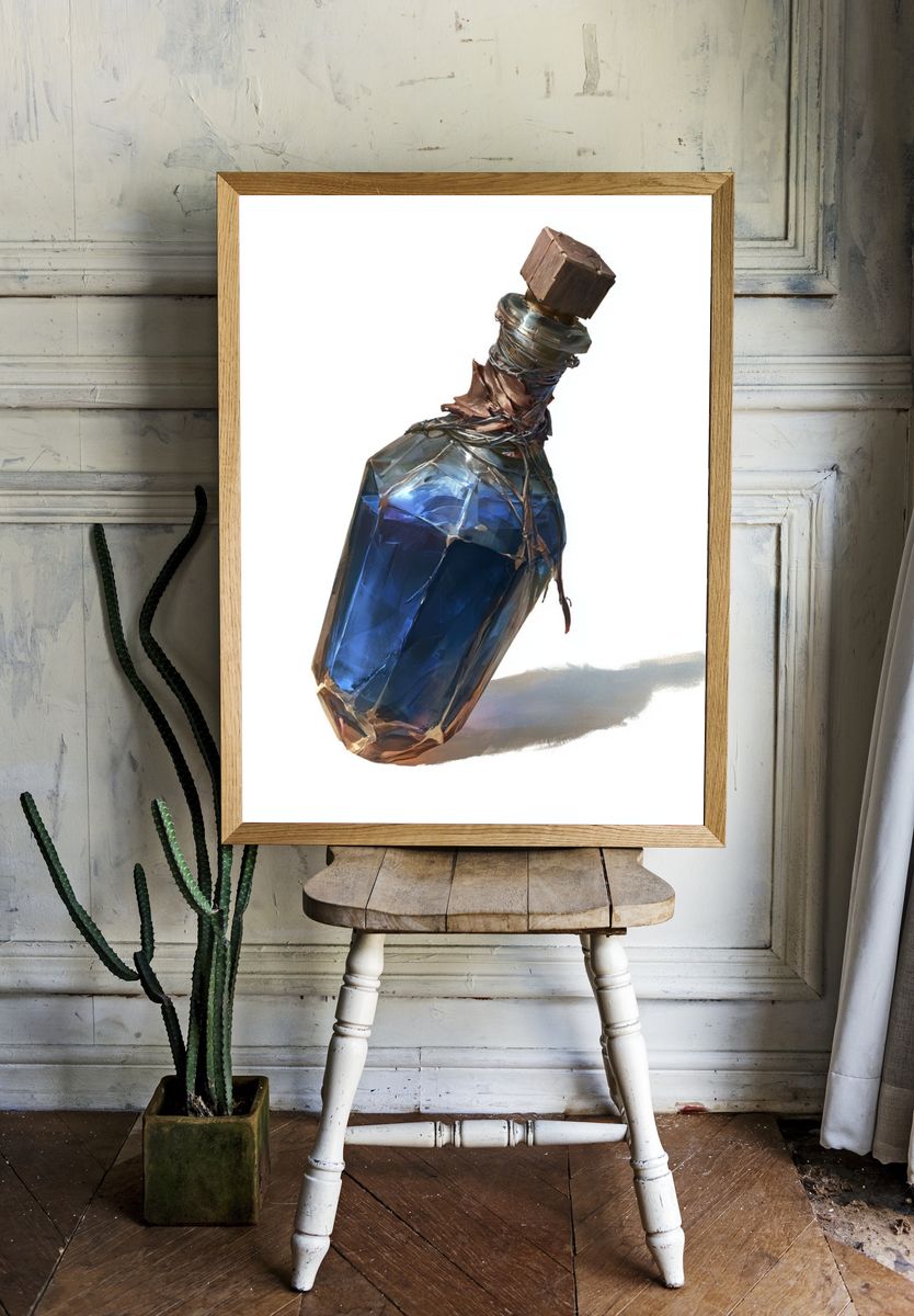 Blue Glass Bottle Illustration Poster. — room view 1
