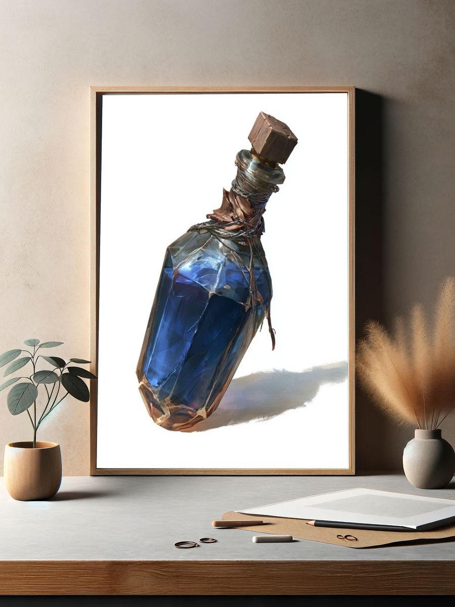 Blue Glass Bottle Illustration Poster. — room view 2